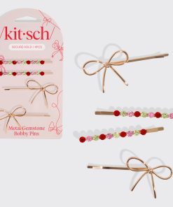 Red. Pink. & Green Gemstone and Bow Bobby Pins
