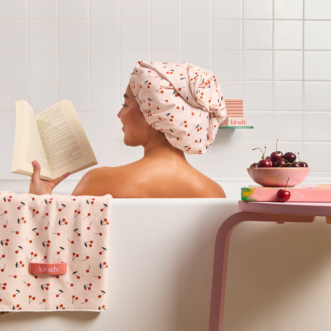 69957-69964-Satin-LinedFlexiShowerCap-XLHairTowelWrap-SeasonalCollection-CherryPrint-Model-1280x1280px.jpg